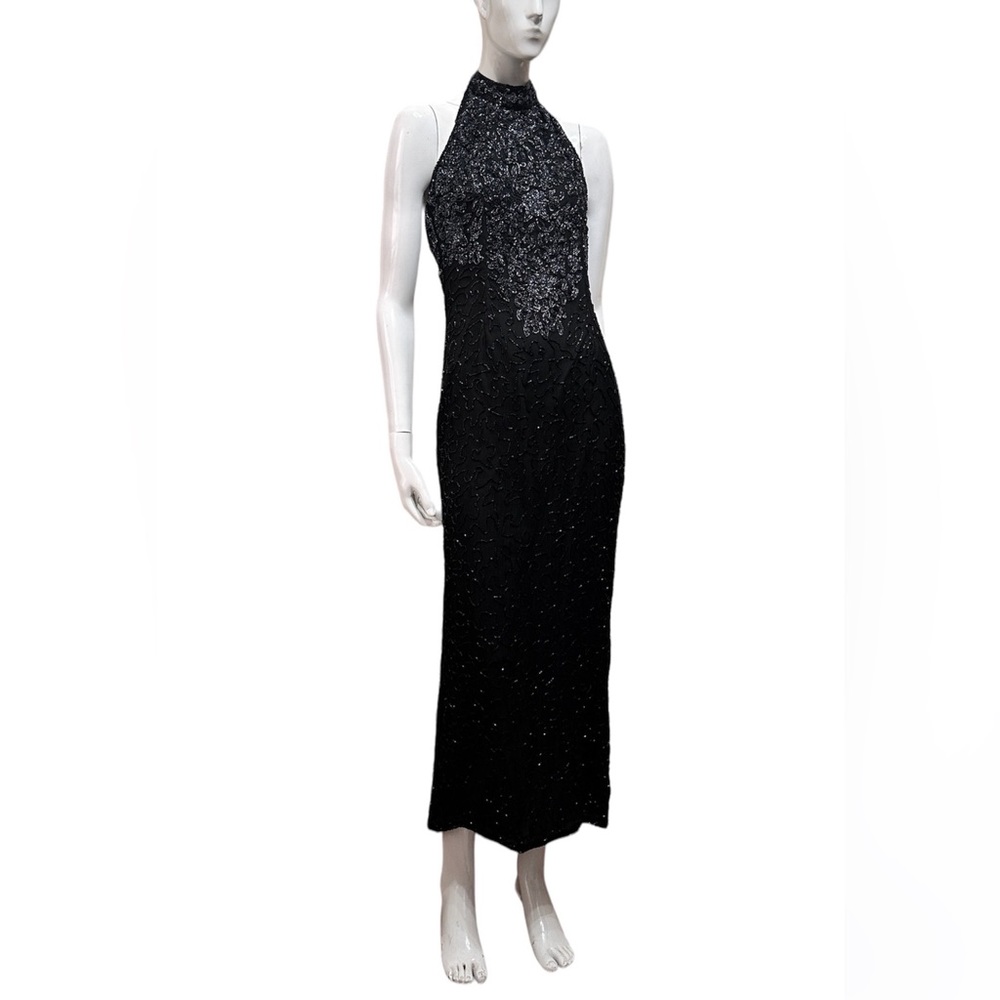 Beaded Halter Neck Sleeveless Sheath Black Maxi Dress Size S